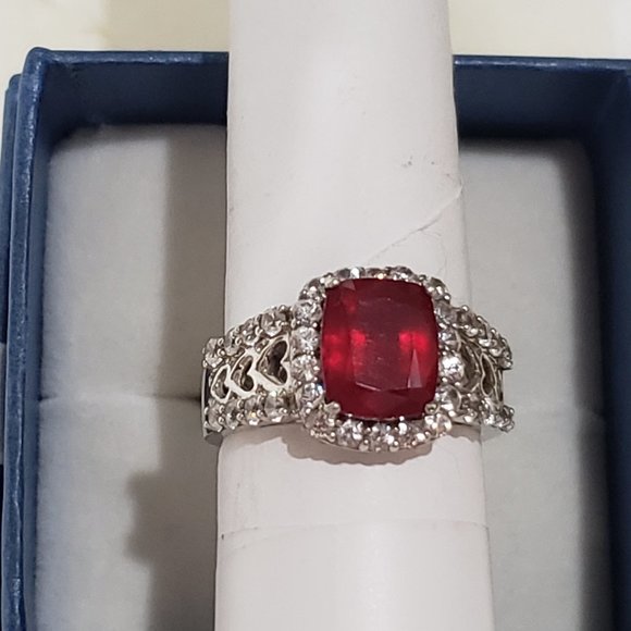 Niassa Ruby & White Zircon fancy halo ring in Platinum over 925 SS sz 8 4.50 tcw - Picture 5 of 7